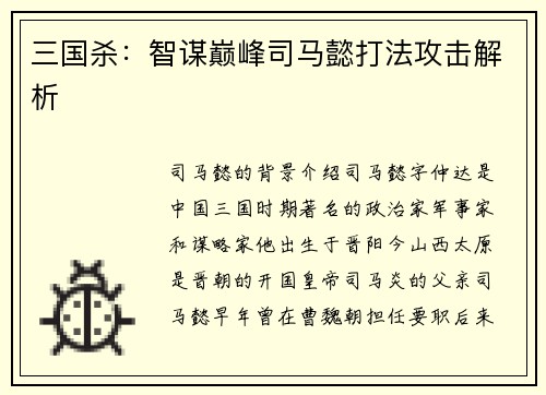 三国杀：智谋巅峰司马懿打法攻击解析
