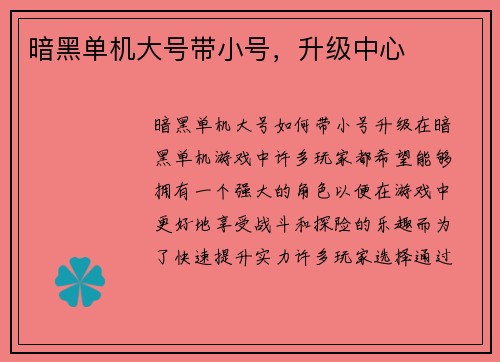 暗黑单机大号带小号，升级中心